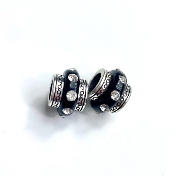 Brighton Set of 2 Black Spacer Barrel Bead with Clear Crystals Silver Plated - Picture 1 of 4